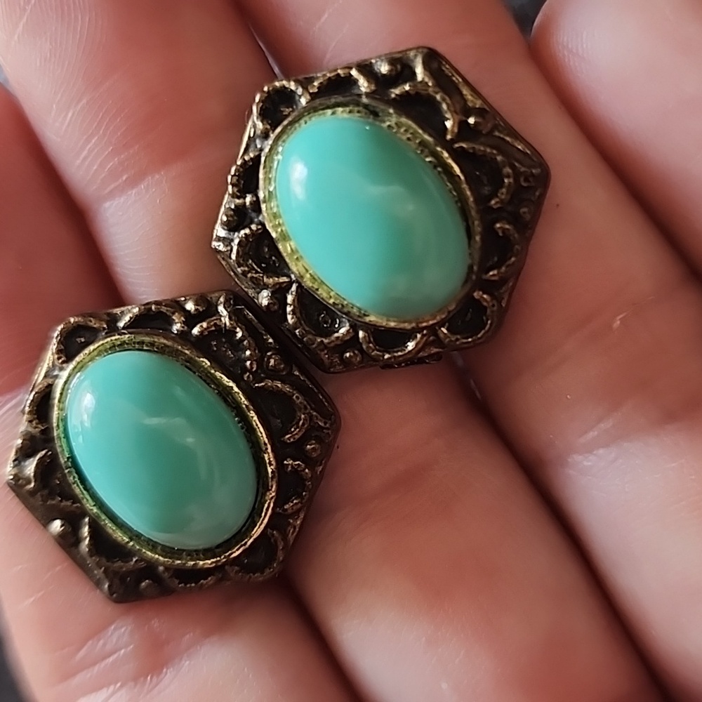 Vintage NEMO Brass and Turquoise Screw-Back Earrings